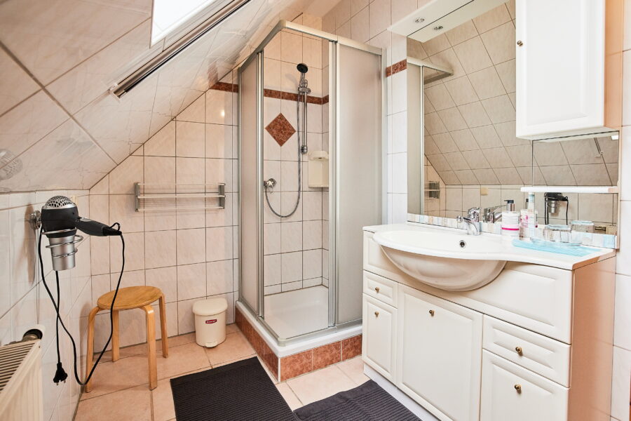 Badezimmer mit Dusche, Waschbecken mit großem Spiegel, Haarföhn und Abstellplatz